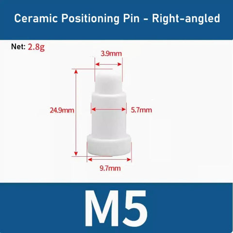 Built Tough Heavy Duty Ceramic Positioning Pins For Nut Electrode Insulation Featuring Rock Solid Heat Resistance For Spot Welding Rigs Right Angle M5 Thread 10 Pack, right-angled ceramic pin dimensions shown.
