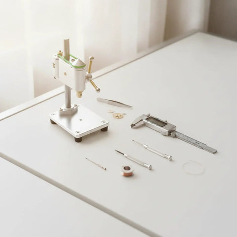 Compact Mini Machine Bench Drill Press For Tiny Spaces Precision Micro Electric Power Tool with tools on white table.