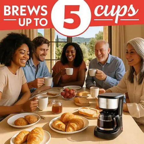 Group of friends enjoying breakfast with Five Cup Coffee Maker With One Touch Brew Pause And Serve Function Keeps Warm As You Sip Stainless Steel Accents Black Finish No Fuss Quick Mornings And Sharing Coffee on table.