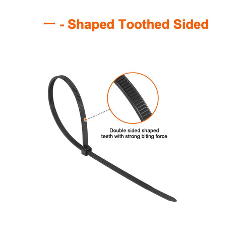 Beefy Heavy Duty 400 Piece Zip Ties Assorted Pack With Double Sided Toothed Design 6 8 12 14 Inch Sizes 100 Lb Tensile Strength Adjustable Self Locking Nylon Cable Ties For Indoor And Outdoor Use showing double-sided teeth detail.