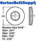 Washer, front view, 5/16 in neoprene-bonded sealing, 18-8 stainless steel, pack of 50, MarineBoltSupply