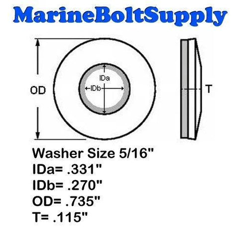 Washer, front view, 5/16 in neoprene-bonded sealing, 18-8 stainless steel, pack of 50, MarineBoltSupply
