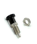 Top Shelf Index Plungers Featuring Rock Solid Hex Collar Design With Locking Aluminum Spring Knob And Smooth Acting Lock Pin Precision Metric Screw Thread M16, M16 plunger and hex nut, metal, precise alignment.