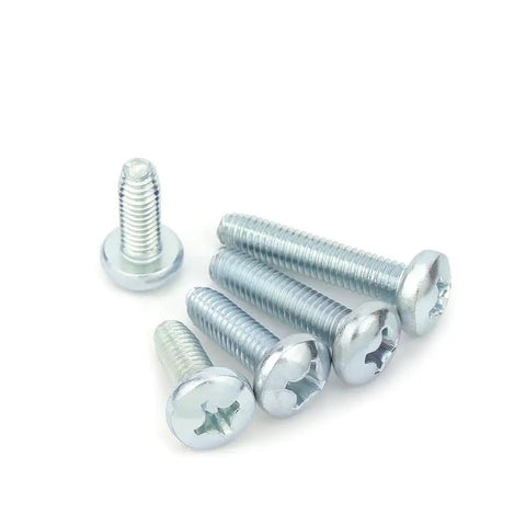 Top Shelf Galvanized Steel Phillips Cross Pan Thread Forming Machine Screws M6 X 16mm showing various angles and sizes.
