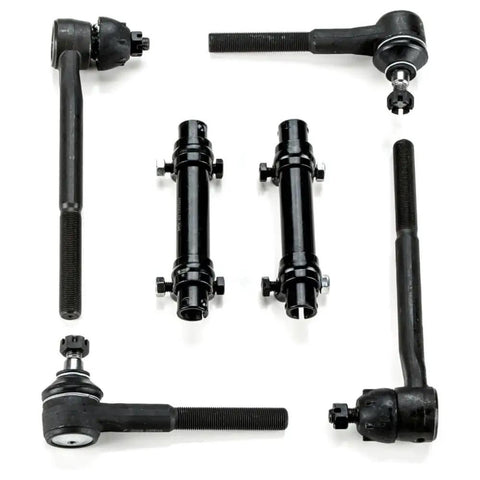 Heavy Duty Front Suspension Rebuild Kit For Chevy Nova With Tie Rod Ends Upper Lower Set Includes Rubber Grease Seals And Cotter Pins Quick Install Cruises Smooth As Silk with black tie rods and ball joints in assembly.