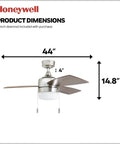 Barcadero Modern 44 Inch Ceiling Fan With Light LED Pull Chain 3 Blades In Maple And Brushed Nickel Finish dimensions