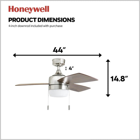 Barcadero Modern 44 Inch Ceiling Fan With Light LED Pull Chain 3 Blades In Maple And Brushed Nickel Finish dimensions