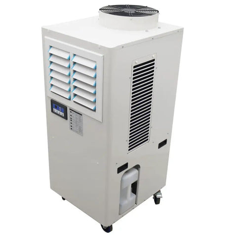 Straight Up Heavy Duty Mobile Spot Cooler Powers Down Heat With 20400 Btu Of Serious Cooling Capability Including A Generous 14 Liter Water Tank And Adjustable Nozzle For Commercial Outdoor Use, showing a compact design with vent slats and wheels.