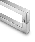 Heavy Duty 12 Inch Stainless Steel Push Pull Door Handle For Commercial Use 304 SUS Stainless 1.2mm Thick Wall Mirror Chrome Finish Square Rectangle Shape Deep Engagement Mounting Standoffs With Hex Screws For Easy Install, angled view