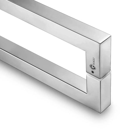 Heavy Duty 12 Inch Stainless Steel Push Pull Door Handle For Commercial Use 304 SUS Stainless 1.2mm Thick Wall Mirror Chrome Finish Square Rectangle Shape Deep Engagement Mounting Standoffs With Hex Screws For Easy Install, angled view