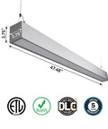 Dual CCT Tunable Direct Indirect 4 Foot Linear Up Down Light With Linkable Design hanging, showing dimensions and certifications.