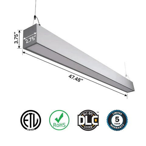Dual CCT Tunable Direct Indirect 4 Foot Linear Up Down Light With Linkable Design hanging, showing dimensions and certifications.