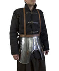 Model wearing Imperial Faulds And Tassets Set for LARP and Cosplay built for beefy medieval steel leg armor in 18 gauge polished finish