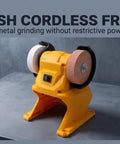 Slick Cordless Mini Bench Grinder With 70mm Wheel And 5500 RPM for efficient grinding without cords, showing yellow body and grinding wheels.