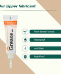 4 Pack Zipper Lubricant Waterproof Wax and Grease for Metal and Plastic Zippers tube with features listed