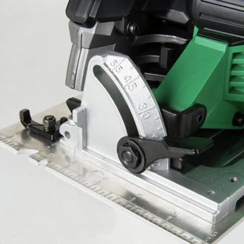 Close-up of bevel adjustment on Beefy Corded Circular Saw Kit For Pros With Seven And A Quarter Inch Blade, 6800 RPM No Load Speed, Bevel Range Zero To Fifty Five Degrees, Dust Blower Function, Carrying Bag, Hex Wrench, Model C7UR, Five Year Warranty