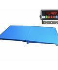 Built Different 48x48 Digital Floor Scale With Integrated Side Ramp For Warehouse Logistics showing blue steel deck and display.