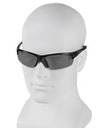 Equalizer Safety Glasses Smoke Anti Fog Lenses With Gunmetal Frame on mannequin head showcasing wraparound style for outdoor jobs.