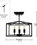 Vintage Industrial 4 Light Semi Flush Mount Ceiling Lantern In Matte Black for Foyer, Living Room, Dining Room, 13" Diameter