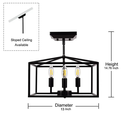 Vintage Industrial 4 Light Semi Flush Mount Ceiling Lantern In Matte Black for Foyer, Living Room, Dining Room, 13" Diameter