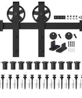 16Ft Sliding Barn Door Hardware Kit With Black Powder Coat 6Mm Thick Track Big Spoke Rollers Heavy Duty Industrial Grade System Door Not Included Perfect For Modern Home Or Shop Renovations. Black steel barn door hardware kit with track, rollers, stoppers, spacers, and mounting screws