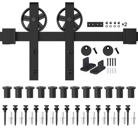 16Ft Sliding Barn Door Hardware Kit With Black Powder Coat 6Mm Thick Track Big Spoke Rollers Heavy Duty Industrial Grade System Door Not Included Perfect For Modern Home Or Shop Renovations. Black steel barn door hardware kit with track, rollers, stoppers, spacers, and mounting screws