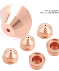 5 Pack Copper Plasma Cutter Nozzles 420169 Torch Tips For Heavy Duty Cutting Machines Steel And Stainless Steel Aluminum Jobs That Will Pop, detailed view of cone-shaped copper tips.