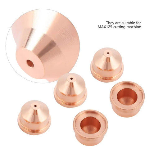 5 Pack Copper Plasma Cutter Nozzles 420169 Torch Tips For Heavy Duty Cutting Machines Steel And Stainless Steel Aluminum Jobs That Will Pop, detailed view of cone-shaped copper tips.