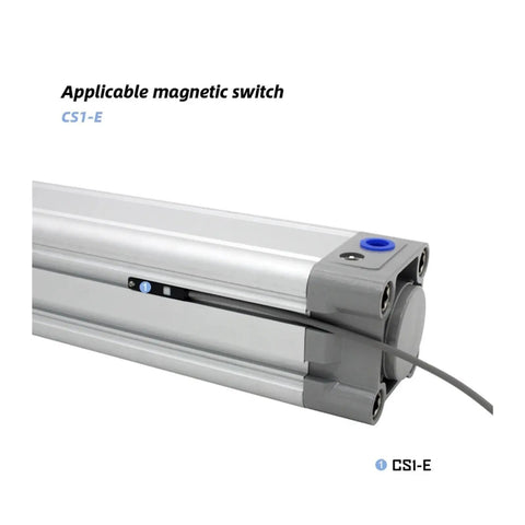 Heavy Duty Aluminum Pneumatic Cylinder Featuring Double Acting Air Design For Industrial Automation And Efficient Material Handling Systems Built Different With Durable Anodized Barrel For Rock Solid Performance with CS1-E magnetic switch visible.