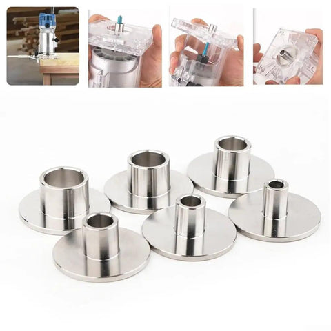 Tough As Nails Router Bit Trim Guide Sleeve With Six Interchangeable Stainless Steel Bushings for precise woodworking.