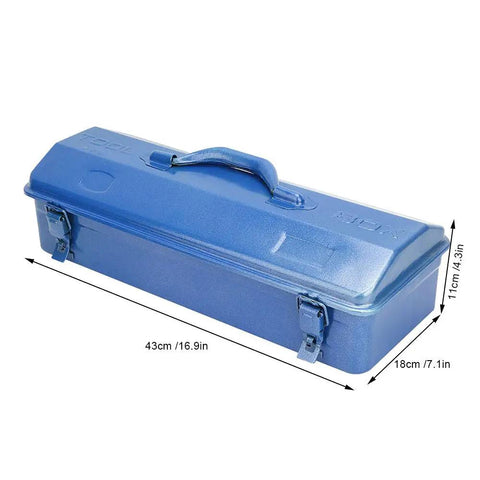 Serious Workhorse Iron Tool Chest With Adjustable Telescoping Handle And Secure Padlock Compatible Lock For Rugged Job Site Storage And Garage Gear Organization, blue metal toolbox measuring 43cm x 18cm x 17cm.