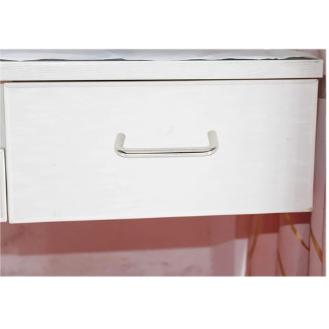 Six Pack Stainless Steel Cabinet Hardware Arched Drawer Pulls 128mm Hole Centers installed on white drawer