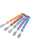 Colorful set of oil fueled glass cutters with brass handles, showcasing varied designs, suitable for 2 to 10 mm glass cutting.