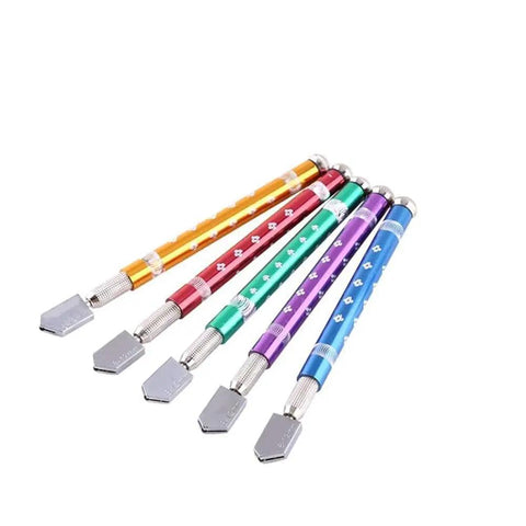 Colorful set of oil fueled glass cutters with brass handles, showcasing varied designs, suitable for 2 to 10 mm glass cutting.