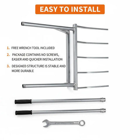 Components of 56 Inch 5-Tine Heavy Duty Broadfork With Rust-Resistant Steel Widened Foot Pedal And High-Strength All Steel Tines.