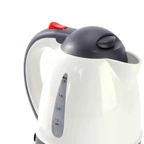 Heavy Duty 24V Electric Kettle For Trucks Built Like A Tank With Auto Shut Off 1 Liter Portable Water Heater close-up showing spout and handle.