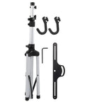 Straight Up Heavy Duty Aluminum Bike Repair Stand Featuring Rock Solid Three Point Design With Fully Adjustable Height And Extra Grippy Non Slip Feet For Zero Hassle Maintenance Or Outdoor Parking with tools and hooks.