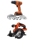 20 Volt Max Cordless Circular Saw And Drill Driver Combo With 30 Piece Accessory Kit showing drill and saw for wood, metal, and plastic projects.