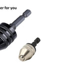 Mini Drill Chuck Adapter Keyless Quick Release One Quarter Hex Shank, black and silver, enables cordless screwdriver use.