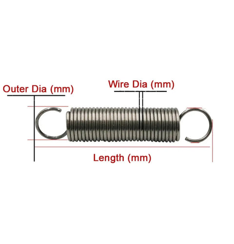 Cool Tension Spring With Hooks, 1.0mm Wire Dia And Expandable Hook Springs, showing dimensions and steel construction.
