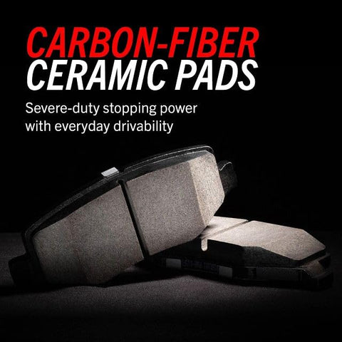 Pair of carbon-fiber ceramic brake pads (rear) for cars, shown on black background