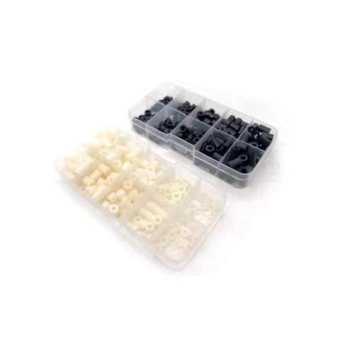 Value Packed Nylon Spacers Set 200 Pcs Non Threaded Plastic Hollow Washers In Black And White M3 And M4 Sizes in box