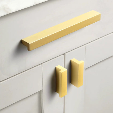 12 Pack Light Brushed Brass Tilted Drawer Pulls for Cabinets, Solid Aluminum Alloy Finger Pull Handles, mounted on cabinet