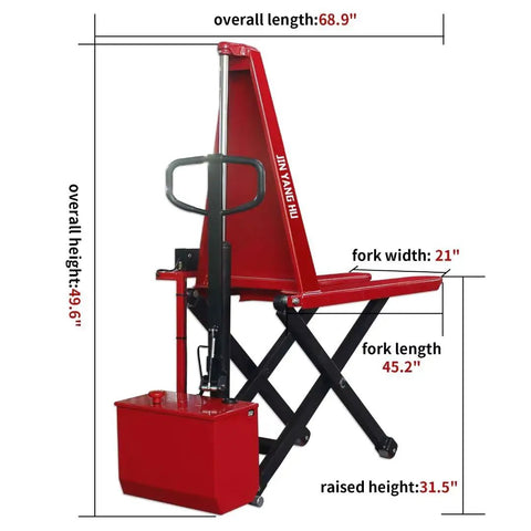 Heavy Duty Electric Scissor Pallet Jack 3300lb Capacity Walkie Truck With 45x27 Forks Auto Induction Lift, side view with dimensions.