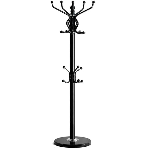 Heavy Duty Freestanding Coat Rack With 18 Sturdy Hooks And Marble Base for entryways and hallways, shown with black metal finish