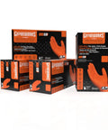 Front view of Gloveworks by Amazon orange nitrile disposable gloves, 8 mil, raised diamond grip, XL, 4 boxes of 100
