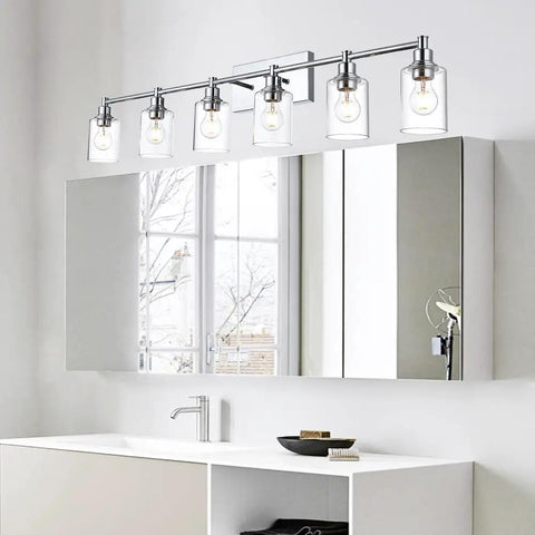 5 Light Industrial Vanity Light Fixture With Clear Glass Shades In Brushed Nickel Sleek Wall Mount Bathroom Lighting for Master Bath