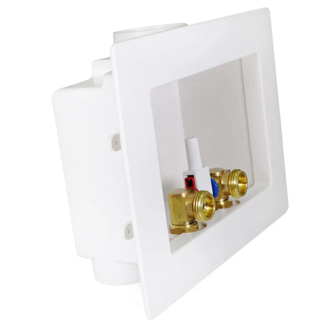Side view of Washing Machine Outlet Box Dual Drain With One-Half Inch Push-Fit Valves ABS One-Piece Washer Box