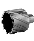 Annular cutter with spiral flutes, side view; 1 in cutting diameter, 3/4 in Weldon shank