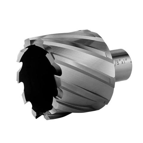 Annular cutter with spiral flutes, side view; 1 in cutting diameter, 3/4 in Weldon shank